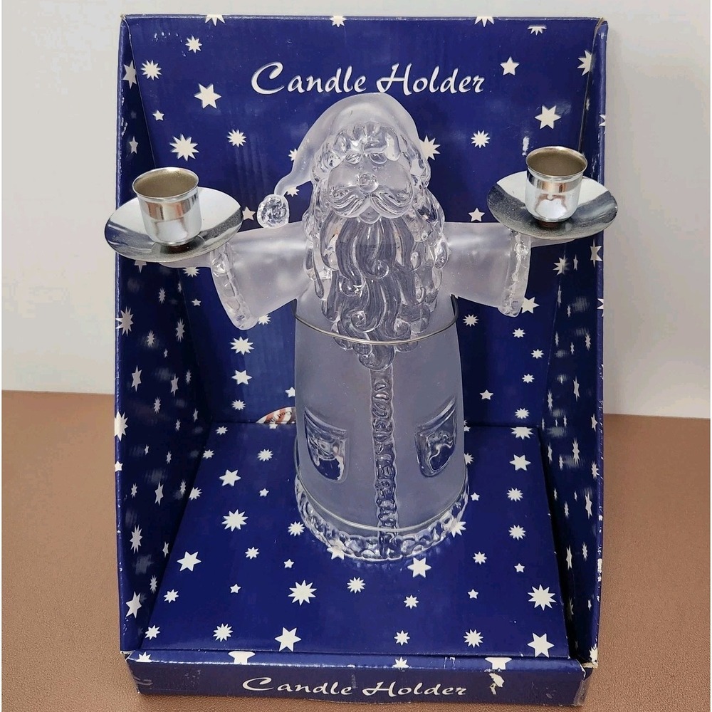 Santa Claus Clear Frosted Double Long Candle Holder Alco Christmas Decor Holiday